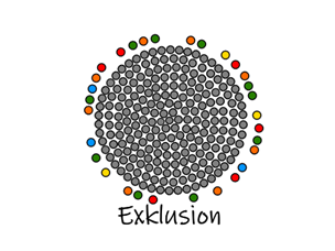 Eine Abbildung zu Exklusion. Ein Kreis bestehend aus grauen Punkten stellt eine Gruppe von Menschen dar. Außerhalb des Kreises sind bunte Punkte, die Menschen mit besonderen Bedürfnissen darstellen.