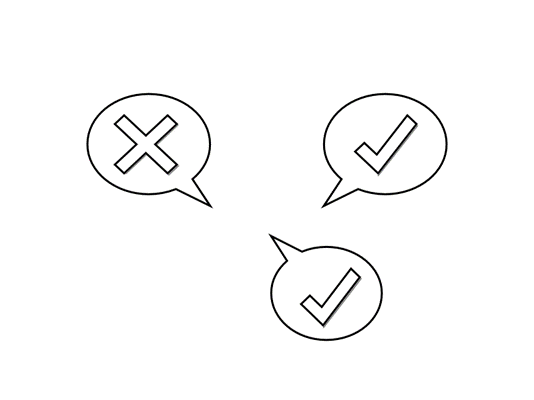 Eine Grafik von drei Sprechblasen. In einer ist ein Kreuz dargestellt und in den anderen beiden ein Haken.