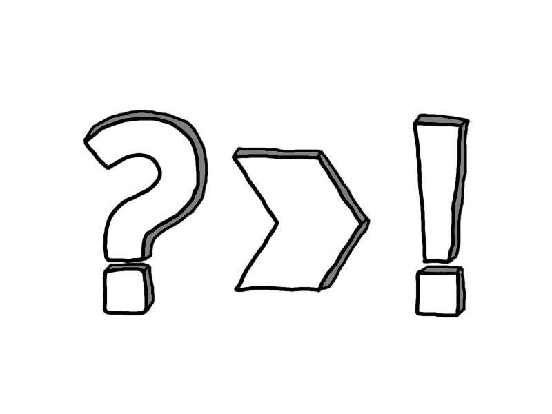 Zeichnung von einem Fragezeichen und einem Pfeil, der auf ein Ausrufezeichen zeigt