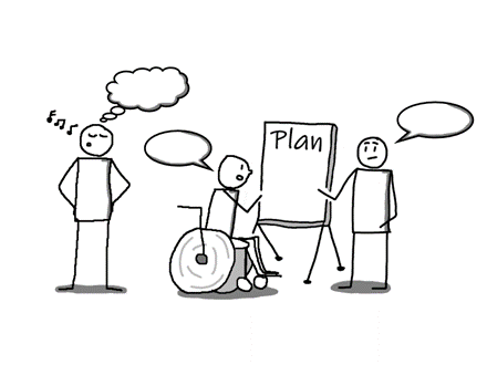 Eine Zeichnung von drei Personen, die gemeinsam an einem Plan arbeiten. Eine Person ist in Gedanken und am Pfeifen, eine weitere Person sitzt im Rollstuhl und arbeitet mit der dritten Person an dem Plan.