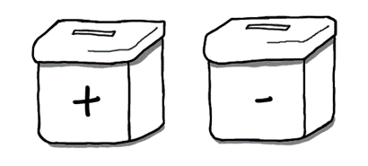 Eine Zeichnung von einem Karton mit Plus-Symbol und einem Karton mit Minus-Symbol.