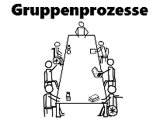 zeichnung von einem Tisch, an dem Menschen sitzen. Überschrift: "Gruppenprozesse"
